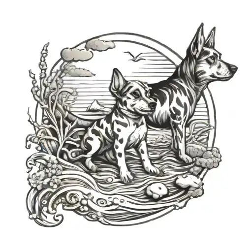 Baby Foot Print And Dog Print And Ocean Scene