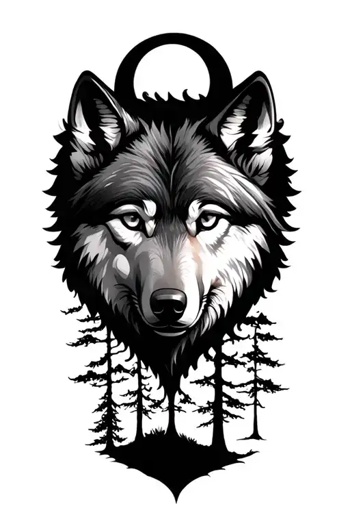 Wolf Face With A Moon Above And Trees Below