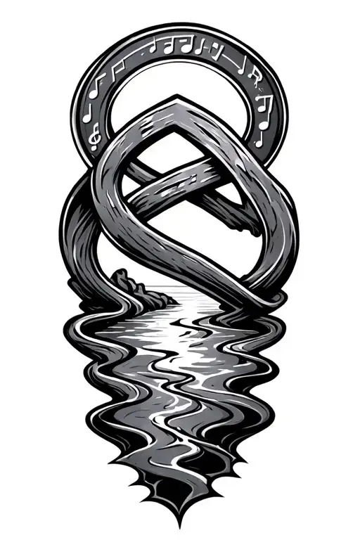 A Recovery Symbol Intertwined With Music Notes And A River Flowing Through It