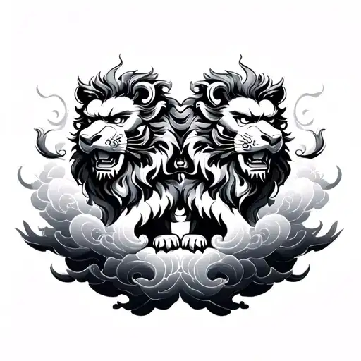 Twin Japanese Lion In Clouds