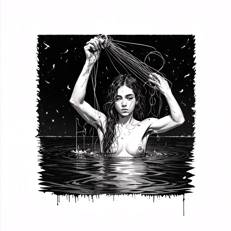 Person Threading Water Holding Onto A Load Of Strings Floating On The Water Some Frayed Some Broken