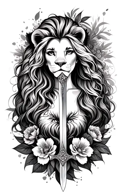 Women And Lion Tattoo Along With Sword And Flowers