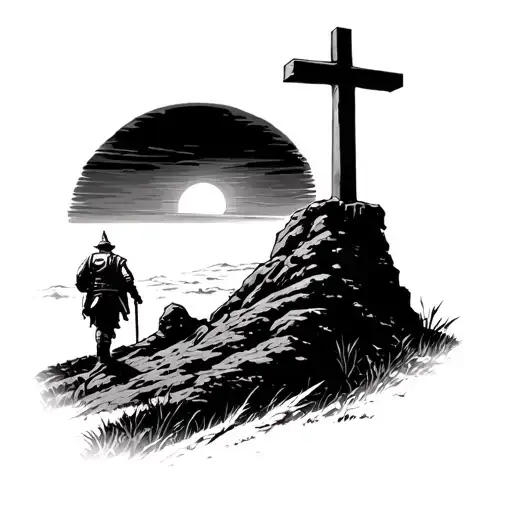 Cross On The Hill At Sunrise With A Crusade Soldier Walking In The Shadow Of The Cross