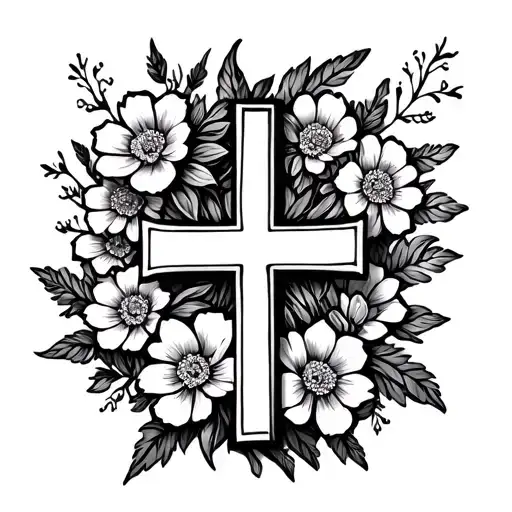 A Outline Of A Cross Surrounded By Flowers Black And White