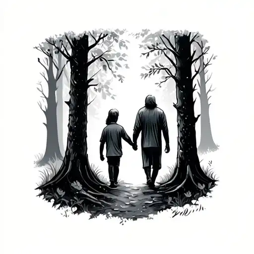 Walking In Woods With Invisible Son Holding Hands
