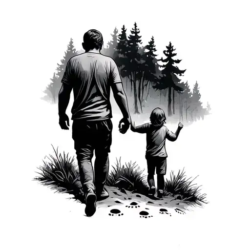 Walking In Woods With Invisible Son Holding Hand Footprints Only Behind The Dad