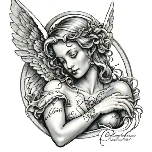 Sexy Angel With Hand Resting Under Chin With Halo And Signature Script In The Background