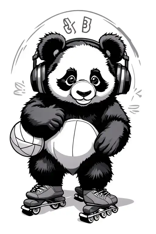 Panda With Volleyball Wearing Skates And Headphones
