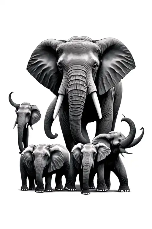 2 Large Elephants And 3 Small Elephants