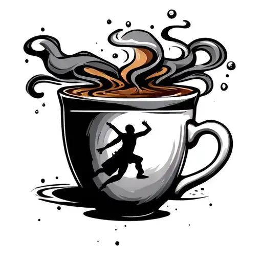 Espresso Cup Of Steaming With Sports Symbols And The Steam Forms A Dancing Figure