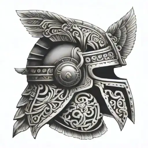 Incorporate Aztec Warrior Imagery Into A Black And Grey Tattoo Of A Military Helmet