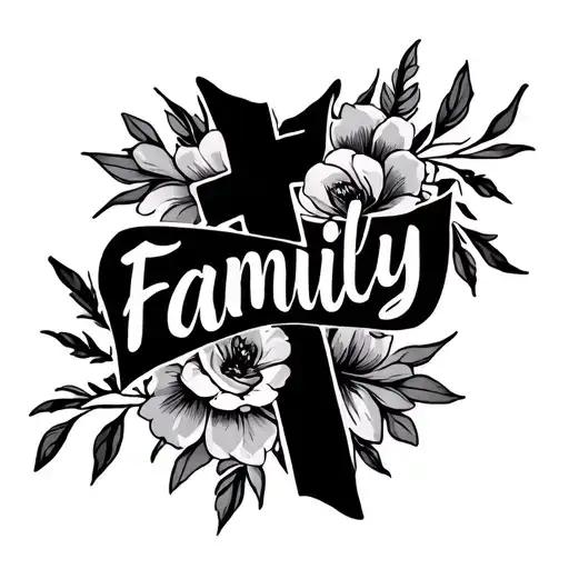 A Floral Cross Tattoo Intertwined With The Word Family