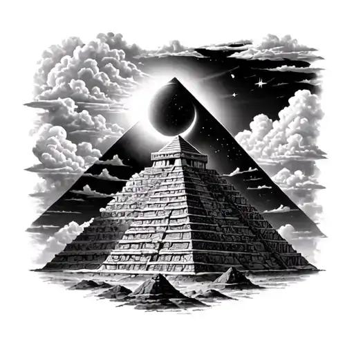 Mexican Pyramid Surrounded With Clouds And Solar Eclipse