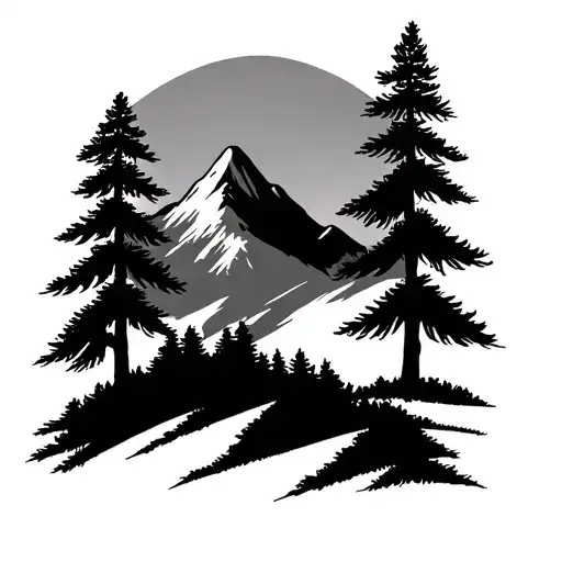 Mountain Silhouette With Three Pine Trees On Shoulder