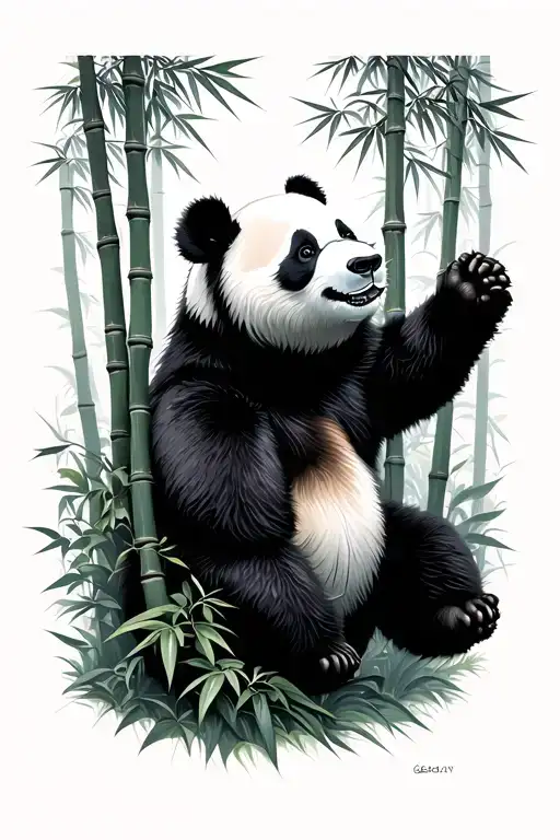 Panda Looking Up At Tall Bamboo Forest