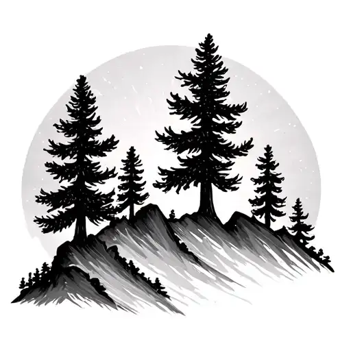Mountain Silhouette With Three Small Pine Trees