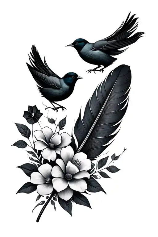 Black Feather With Two Small Birds Coming From It With Flowers