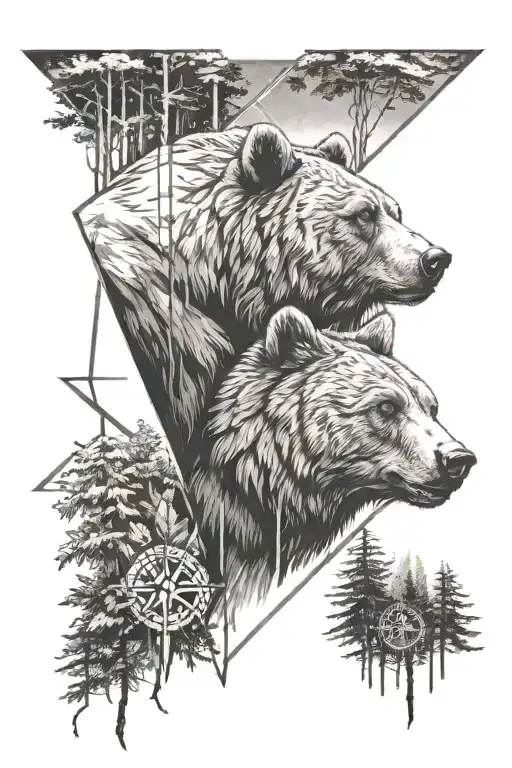 Bear Face Roaring With Forest Scene And A Compass