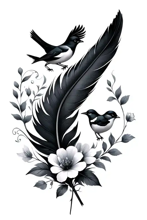 Black Feather With Two Small Birds Coming From It With Flowers