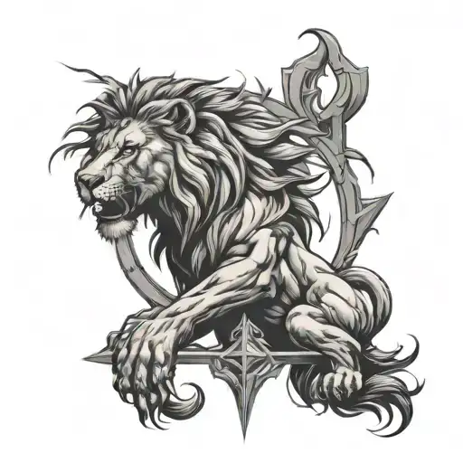 A Christian Cross And A Lion Roaring With Lightning