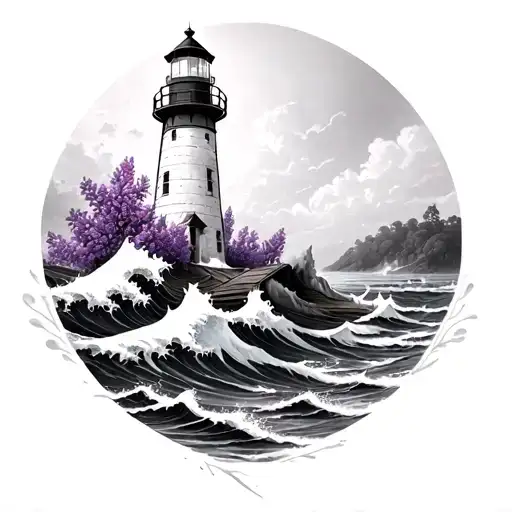 Lighthouse Overlooking Ocean Wave Crashing Lilacs Intertwined