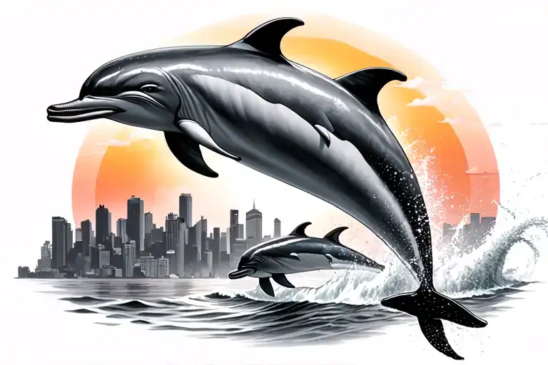 3 Dolphins Jumping With Sunset Skyline Technology