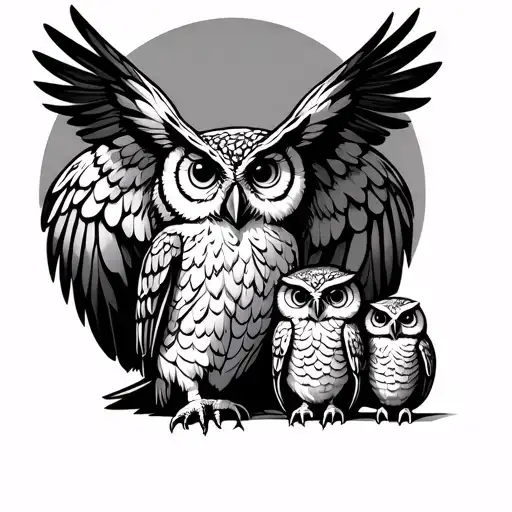 Owl Perched Protecting 3 Smaller Owls Under Its Wings