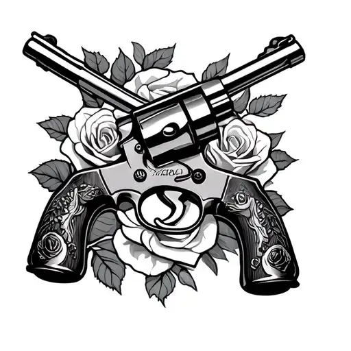 Crossed Revolvers And Roses Intertwined