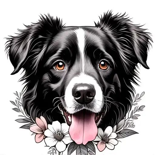 Australian Shepherd Head With Flowers Around