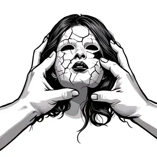 Hands Holding A Mask That Is A Girls Face That Is Cracked