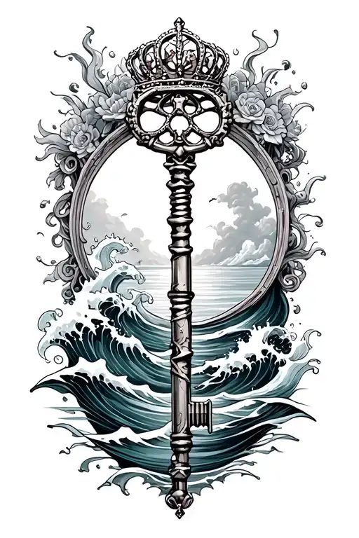 Antique Skeleton Key With A Tiara And Ocean Waves Forming