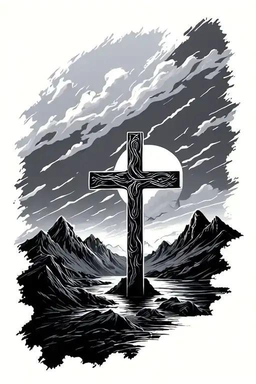 Cross With Sunset And Mountains
