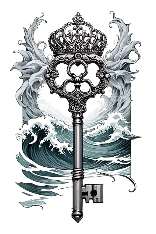 Antique Skeleton Key With A Tiara And Ocean Waves Flowing