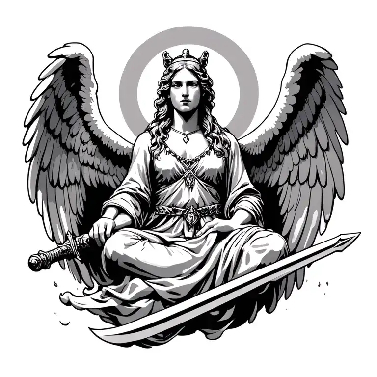 Sitting Angel With Sword Stands There