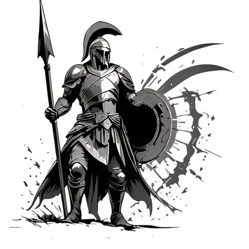 Spartan Soldier Standing With Spear Pierced Into Another Helmet