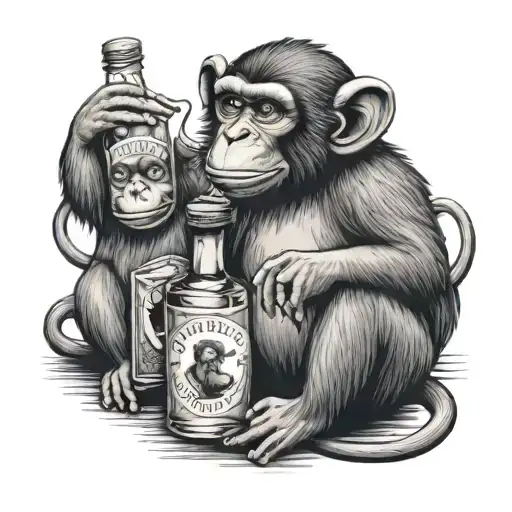 3 Monkeys Sitting Around A Bottle Of Apple E&j Liquor