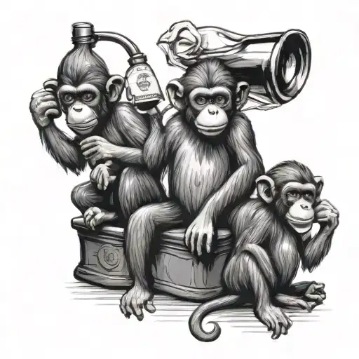 3 Monkeys Sitting Around A Bottle Of Apple E&j Liquor