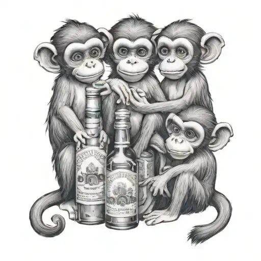 3 Little Girl Monkeys Sitting Around A Bottle Of Apple E&j Liquor