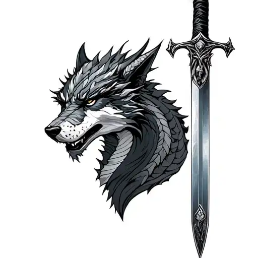 Dragon And Wolf Face From Game Of Throne Holding A Sword