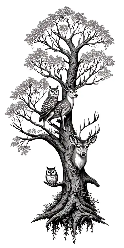 A Nature With Deer And Owl On A Tree Of Life
