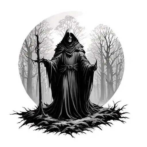 Grim Reaper Standing In A Large Forest Scene