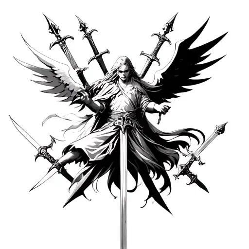 Sagitariaus And Anime Character Surrounded By Swords Heaven And Hell