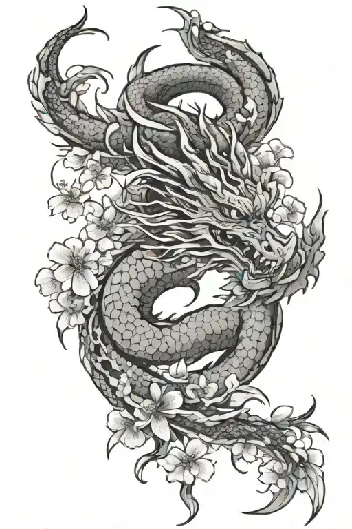 Dragon And Japanese Cherry Blossoms