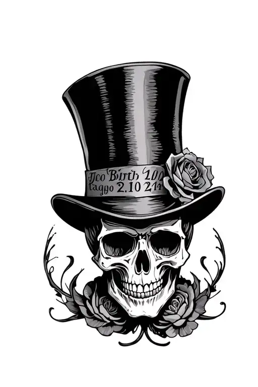 Skull Wearing Top Hat Adorned With Birth Dates Arranged