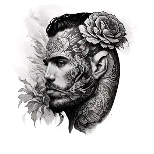 Male Tattoo On The Shoulder Half A Sleeve A Lot Of Black Sketch Style To The Elbow