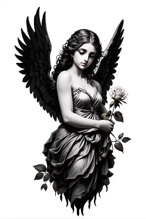Fallen Angel Holding A Rose