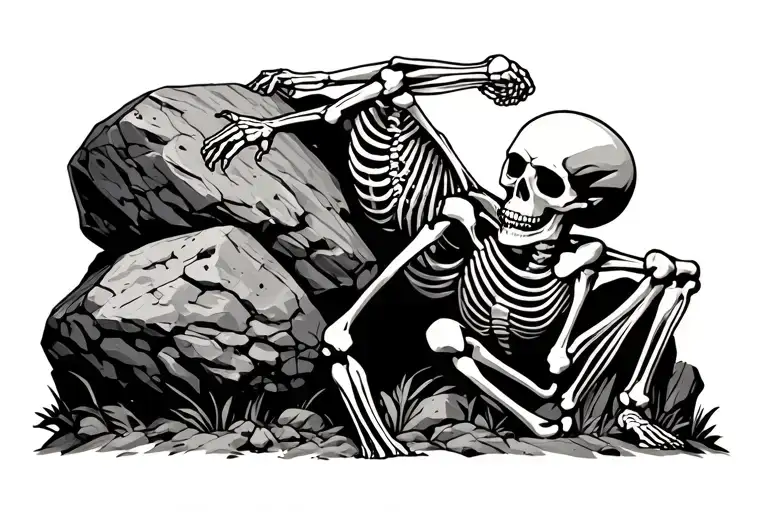 A Full Body Side View Of Skeleton Pushing A Boulder Uphill