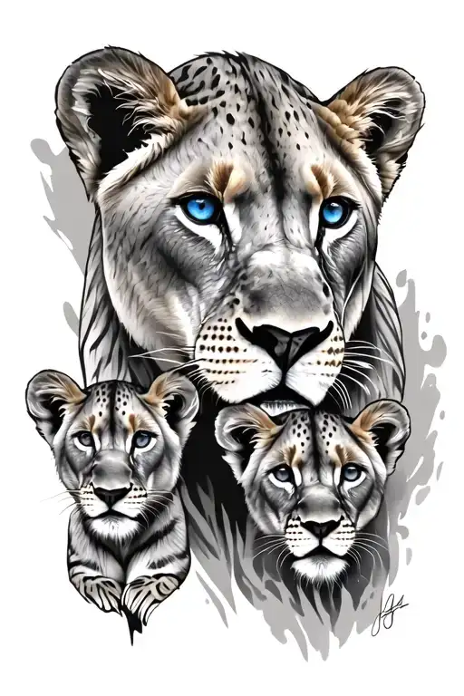 Lioness With 2 Cubs Face Only Blue Eyes