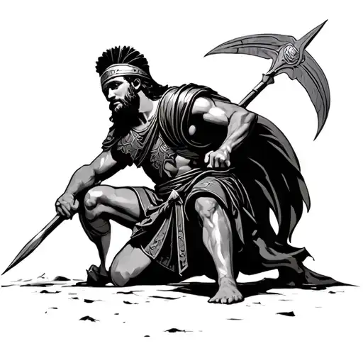 Roman Centurion Kneeling With Spear Looking Up From Ground