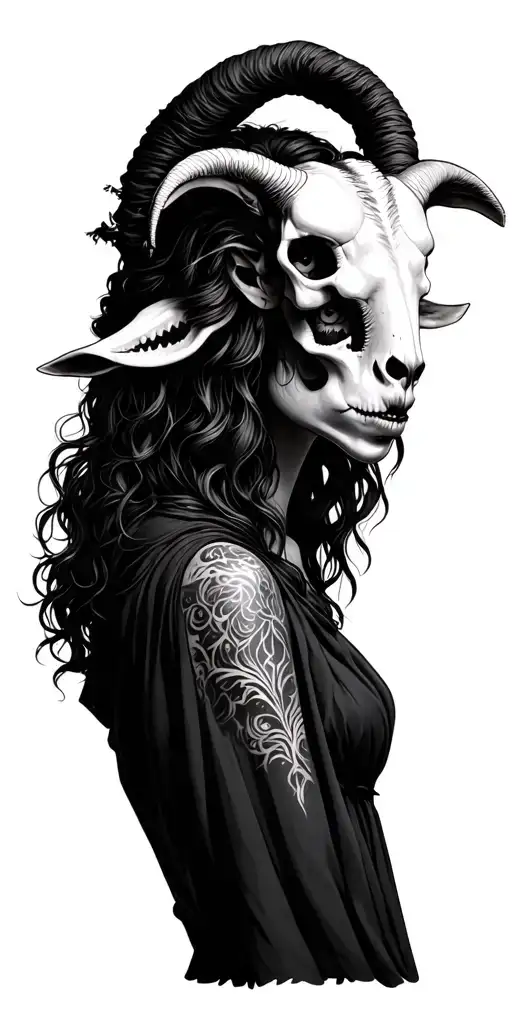 Witch With Goat Skull Wearing On Top Of Her Head